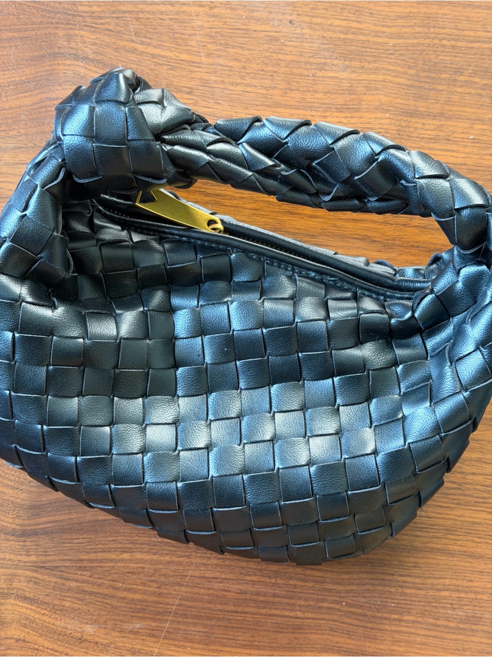 Woven Knot-Top Hand Bag in Black